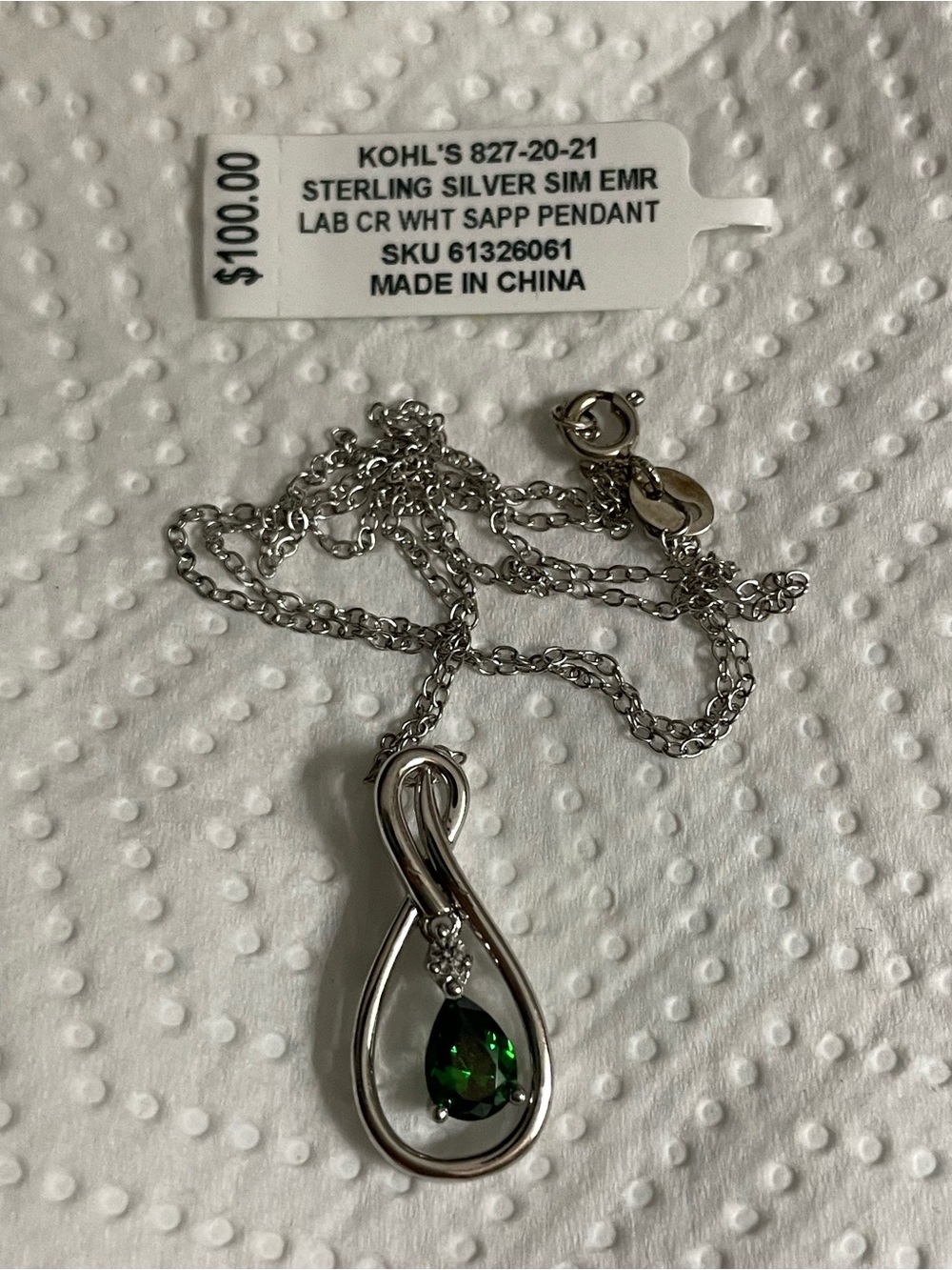 Sterling Silver Pendant Necklace with Emerald Teardrop Stone…..18” chain
